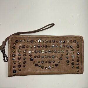 Viola Castellani Tan Leather Studded Zip Around Wristlet Clutch Wallet